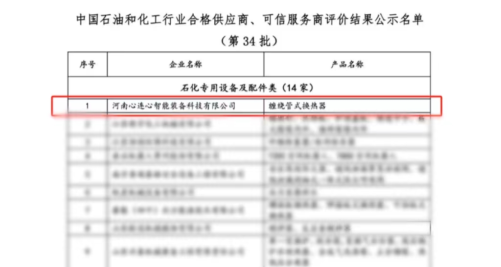 喜报！心连心智能装备公司获评中国石油和化工行业合格供应商、可信服务商